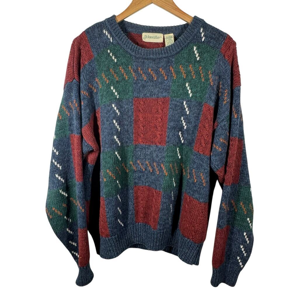 St. John's Bay Vintage Sweater Men Size XL Blue Green Red Fisherman Ramie Cotton